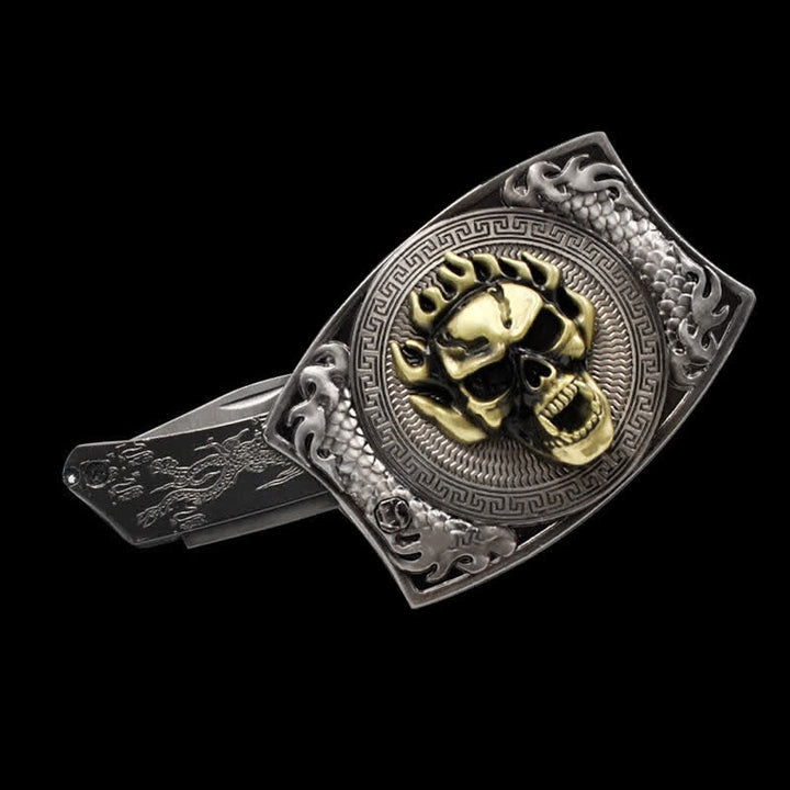 Men's Flame Skull Leather Belt With Folding Knife - image 1