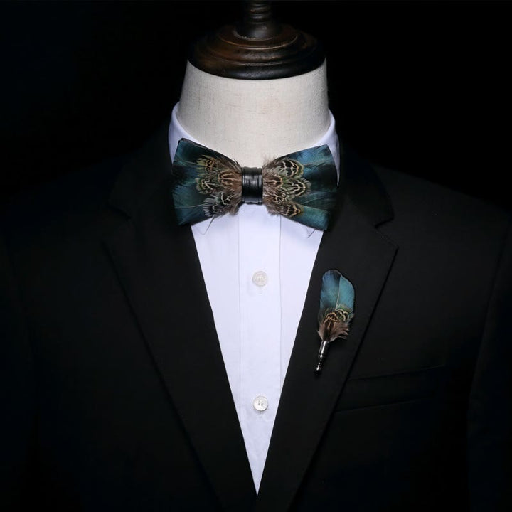 Green & Brown Vintage Feather Bow Tie with Lapel Pin - image 3