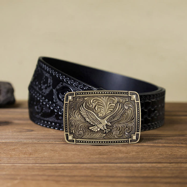 Men's DIY Soaring Eagle In Dreamy Sky Buckle Leather Belt - Antique Bronze - Black Carved Belt (40) - image 14