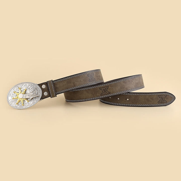 Men's Carved Star & Flower Leather Belt - image 2