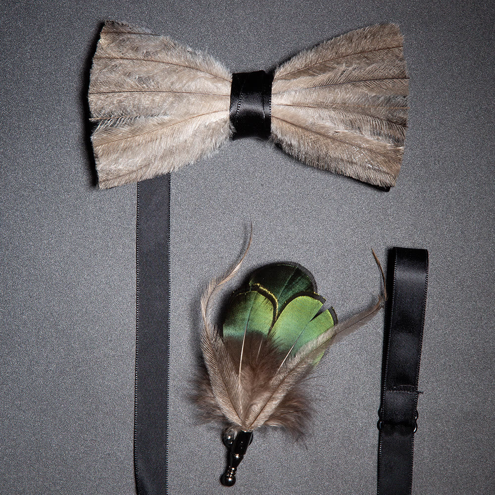 Brown & Gray Peace Feather Bow Tie with Lapel Pin - Brown & Gray - image 0