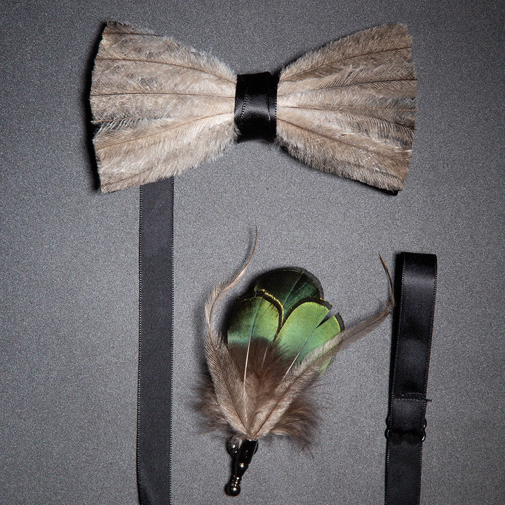 Brown & Gray Peace Feather Bow Tie with Lapel Pin - Brown & Gray - image 0