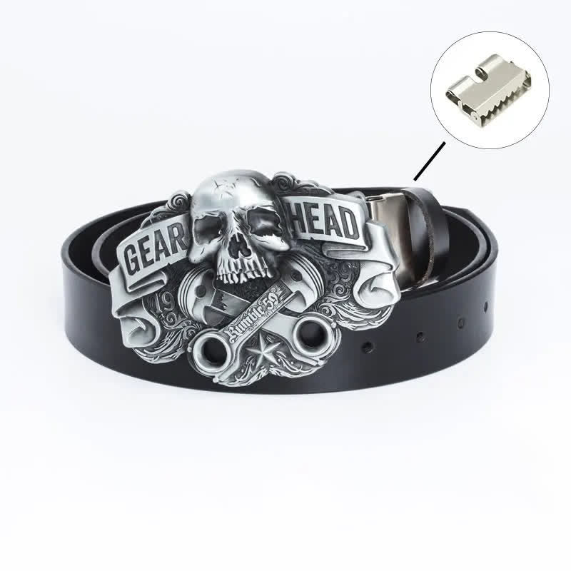 Men's Fancy Skull Gear Head Punk Leather Belt - Iron Linker - Black - 46 - image 16