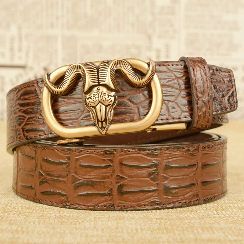 Men's Goat Head Crocodile Print Automatic Buckle Leather Belt - Brown / Gold - 46 - image 11