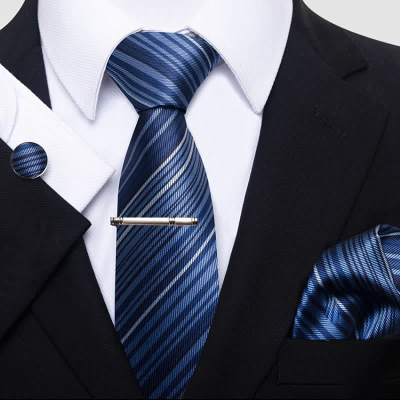 4Pcs DarkBlue Men's Formal Striped Necktie Set - DarkBlue - image 0
