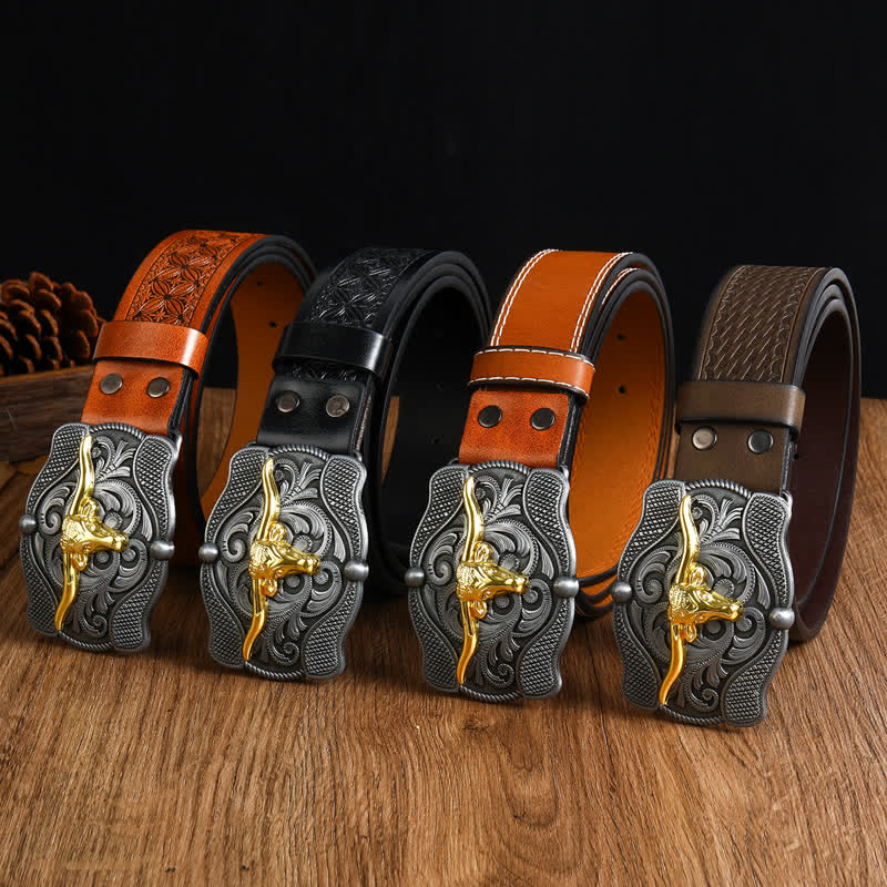 Men's Square Golden Longhorn Bull Leather Belt - image 1