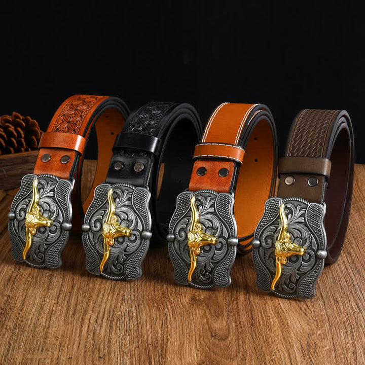 Men's Square Golden Longhorn Bull Leather Belt - image 1