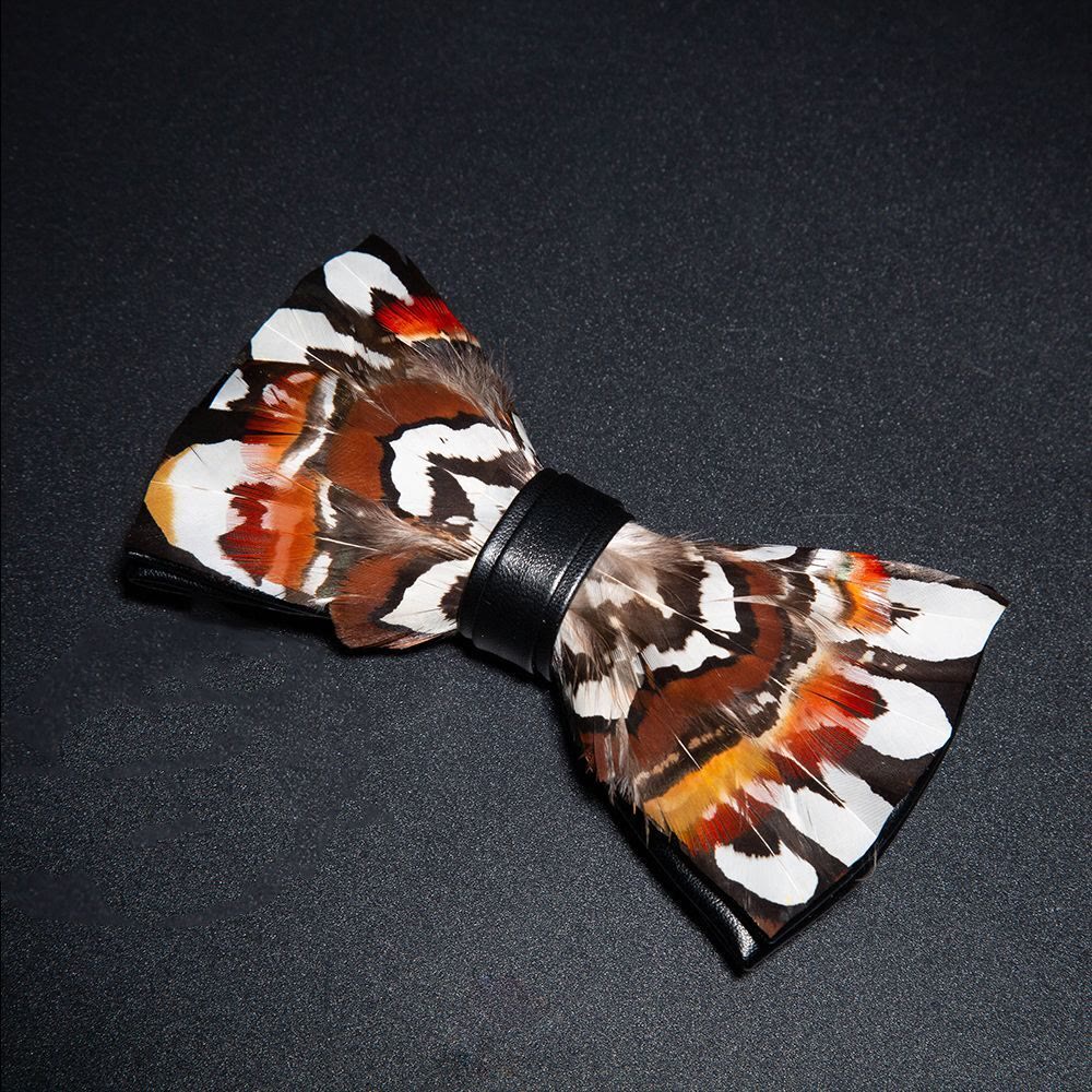 Brown & White Pheasant Feather Bow Tie with Lapel Pin - image 1
