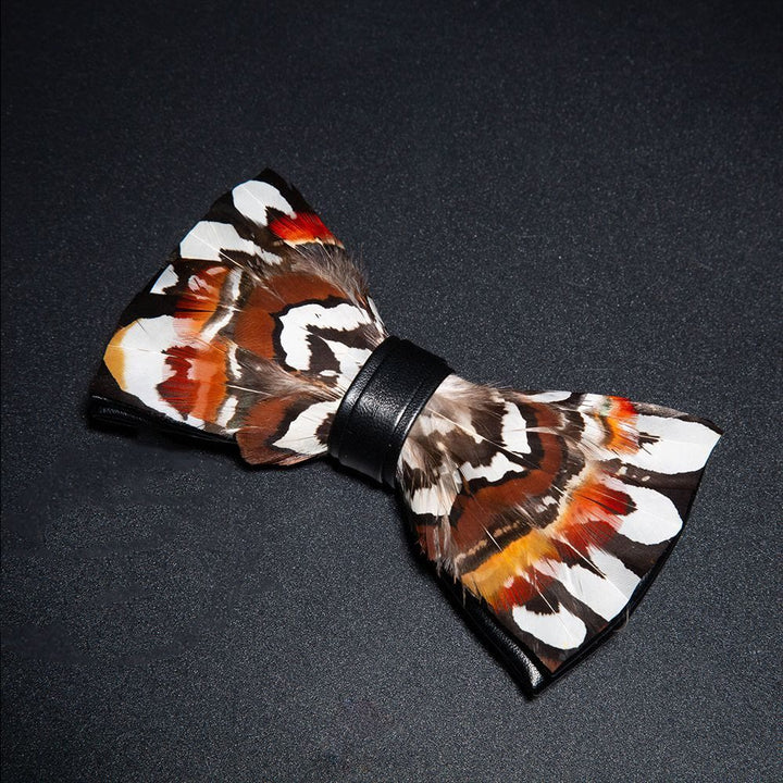 Brown & White Pheasant Feather Bow Tie with Lapel Pin - image 1