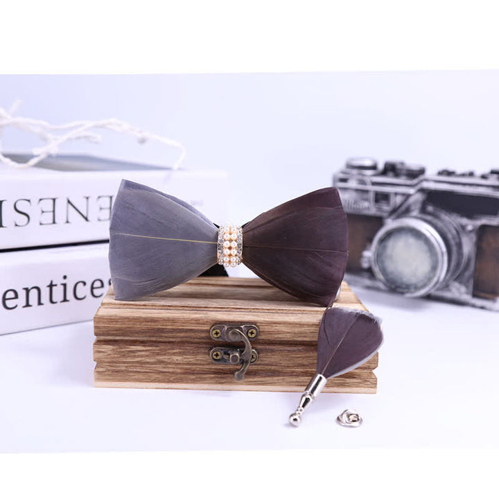 Gray & Brown Shiny Pearl Feather Bow Tie with Lapel Pin - image 1