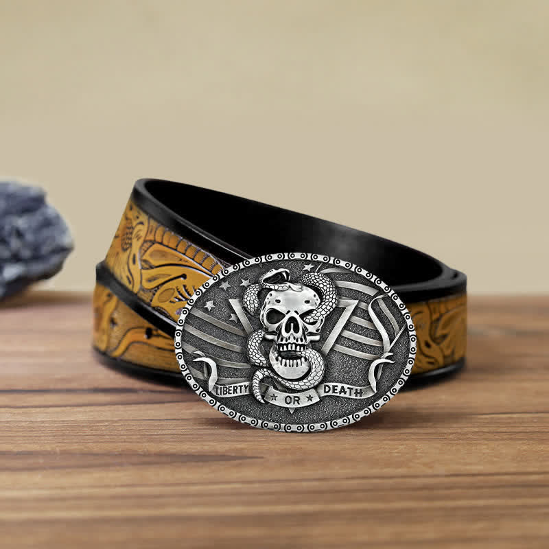 Men's DIY "Liberty or Death" Snake Skull Buckle Leather Belt - Antique Silver - SandyBrown Belt (40) - image 21