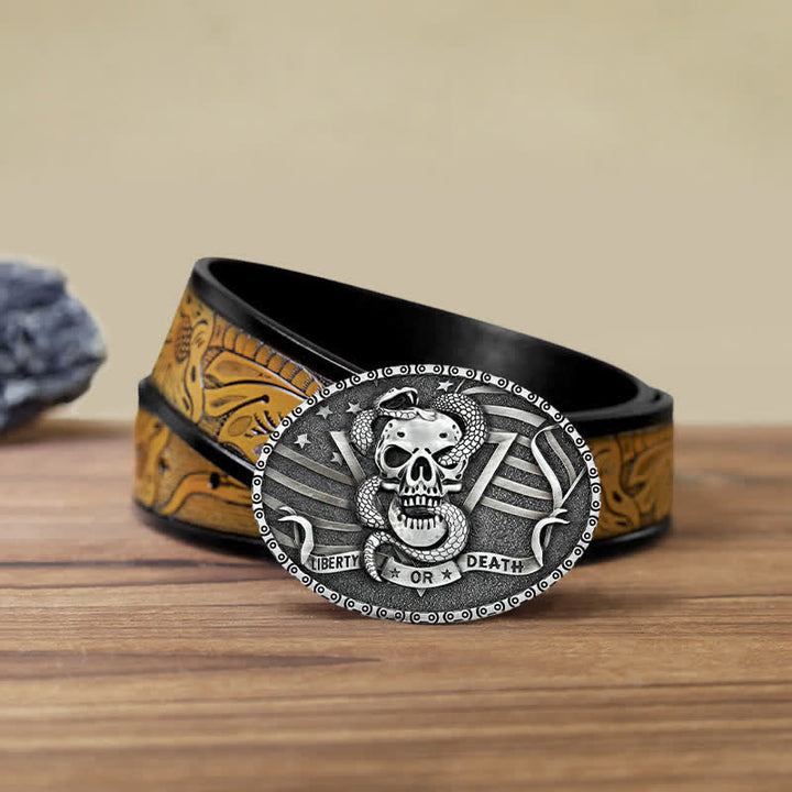Men's DIY "Liberty or Death" Snake Skull Buckle Leather Belt - Antique Silver - SandyBrown Belt (40) - image 21