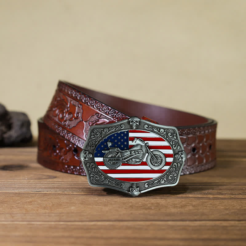 Men's DIY Motorcycle USA Flag Skull Buckle Leather Belt - Motorcycle - Brown Carved Belt (40) - image 11