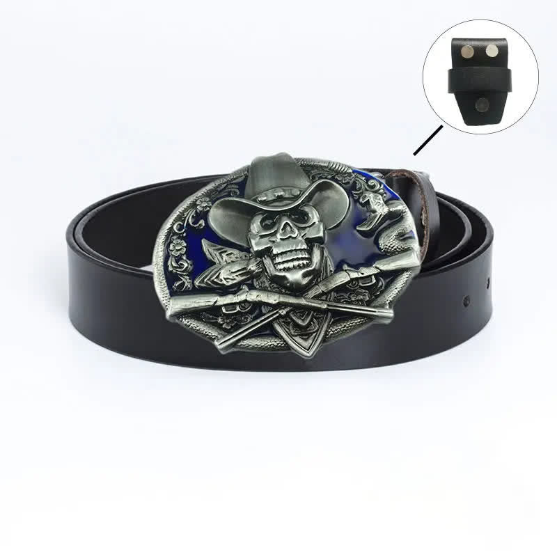Men's Pirate Skull Cross Guns Leather Belt - Leather Linker - Black / Blue Glaze - 46 - image 17