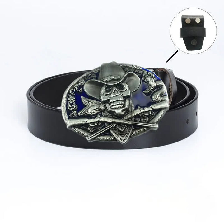 Men's Pirate Skull Cross Guns Leather Belt - Leather Linker - Black / Blue Glaze - 46 - image 17