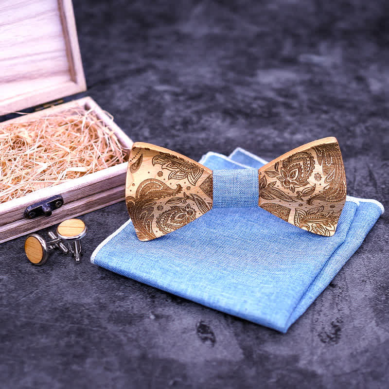 3Pcs Men's Carving Paisley Wooden Bow Tie Set - image 2