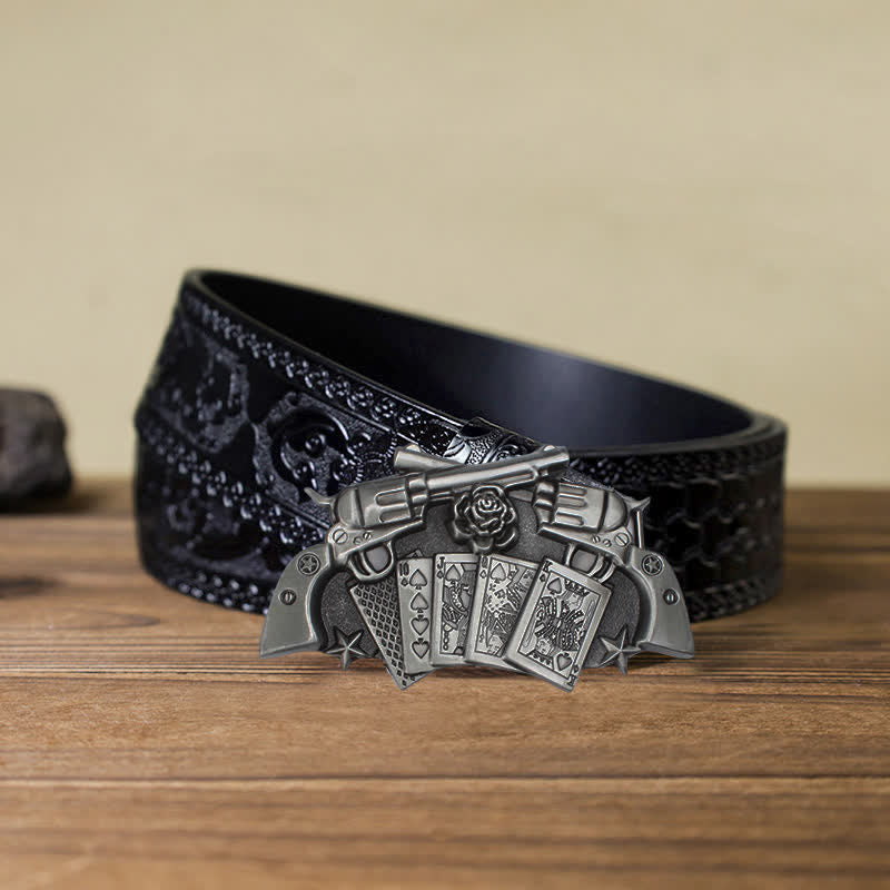 Men's DIY Double Pistol Poker Buckle Leather Belt - Double Pistol - Black Carved Belt (40) - image 9