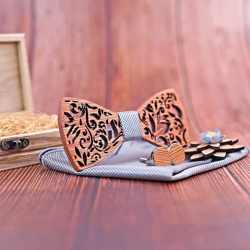 4Pcs Men's Plant Hollow Wooden Bow Tie Set - image 2