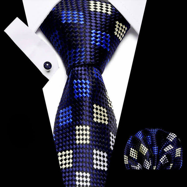 3Pcs Men's Navy & Yellow Checkerboard Necktie Set - Navy & Yellow - image 0