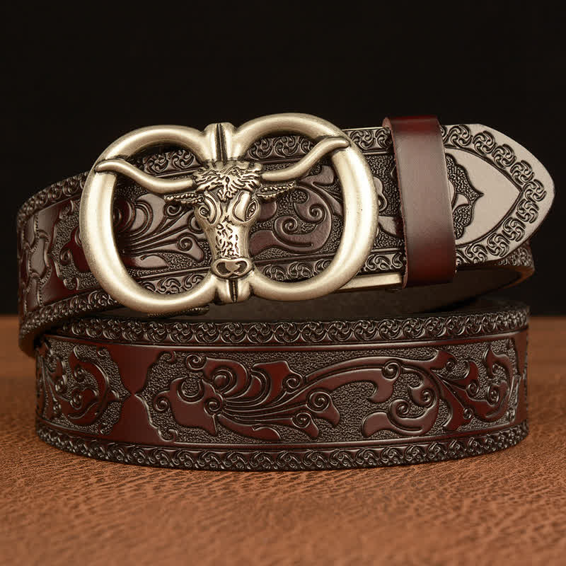 Men's Bull Head Buckle Leather Belt - Silver & Brown - 46 - image 12