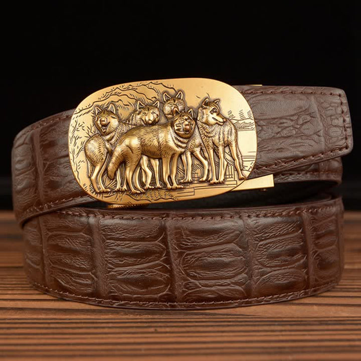 Men's Pack Of Wolves Crocodile Pattern Leather Belt - Coffee / Crocodile Skin - 44 - image 10