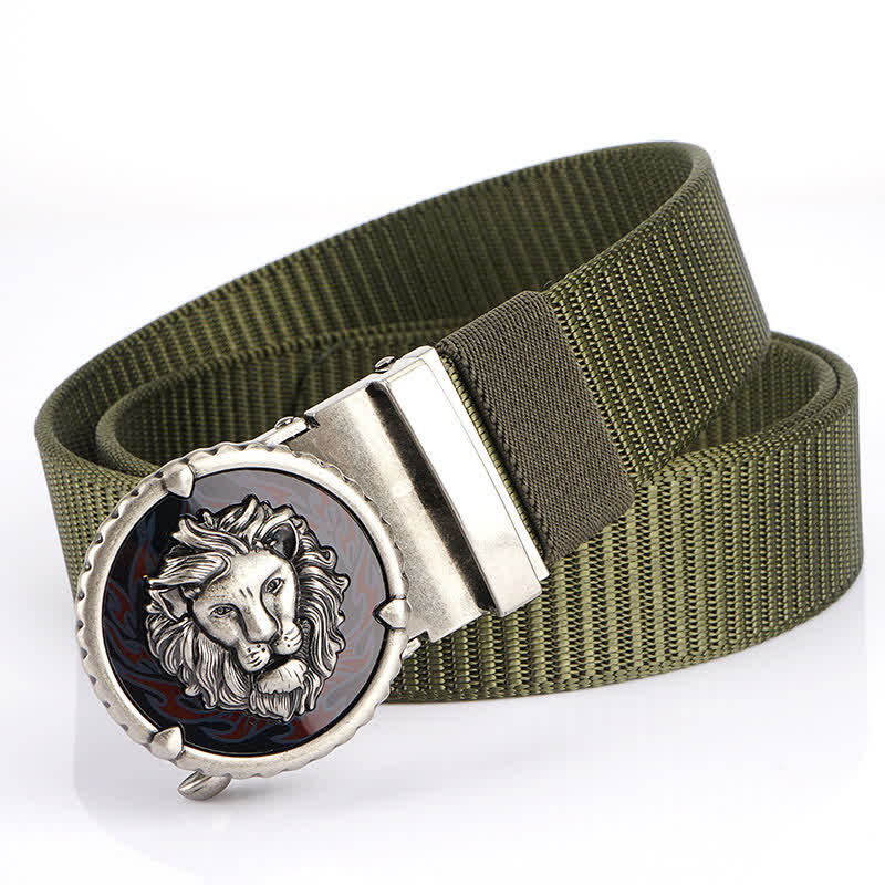 Men's Practical Lion Head Pattern Nylon Belt - Army Green / Silver - 48" - image 17