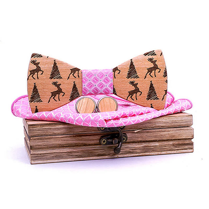 3Pcs Men's Christmas Tree Deer Pattern Wooden Bow Tie Set - Pink - image 7