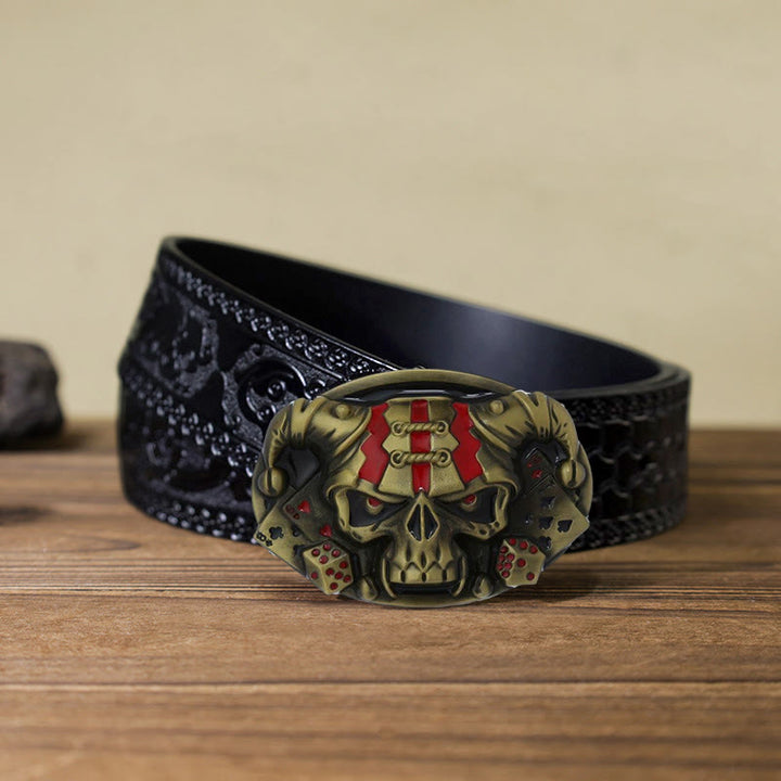 Men's DIY Skull Clown Joker Buckle Leather Belt - Antique Bronze - Black Carved Belt (40) - image 17