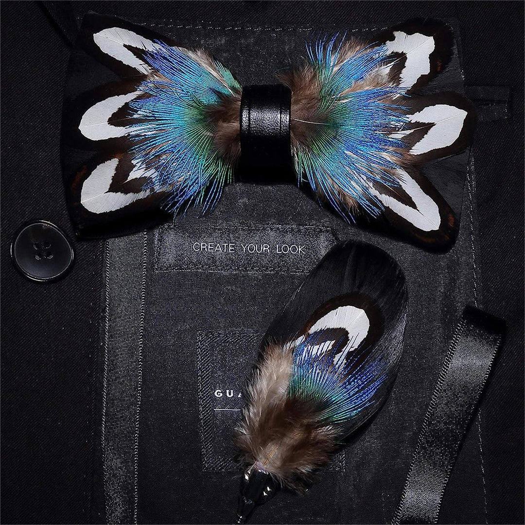 Blue & Black Noble Peacock Feather Bow Tie with Lapel Pin - Blue & Black - image 0