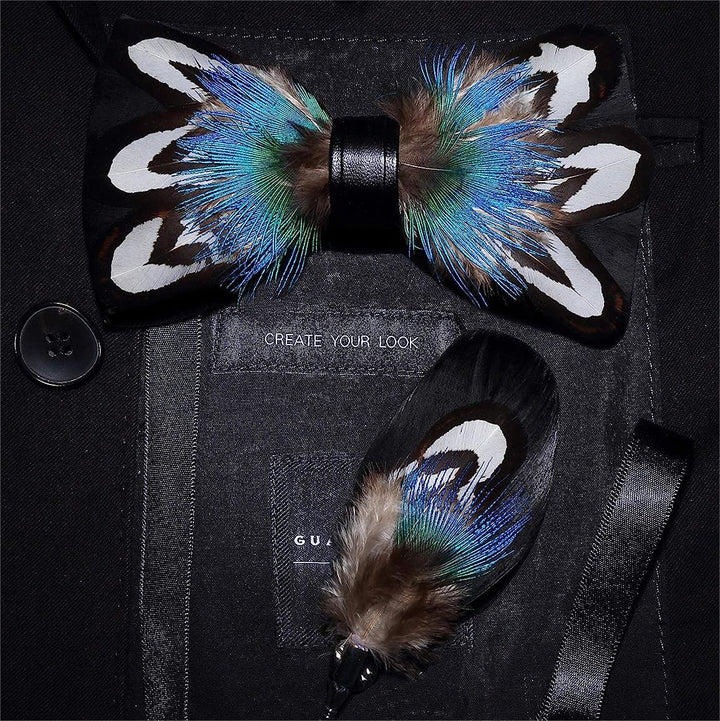 Blue & Black Noble Peacock Feather Bow Tie with Lapel Pin - Blue & Black - image 0