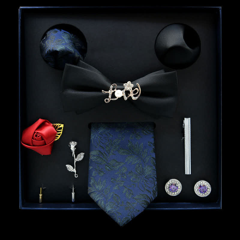 8Pcs Black&Blue Floral Casual Necktie Bow Ties Gift Box - Black&Blue - image 0