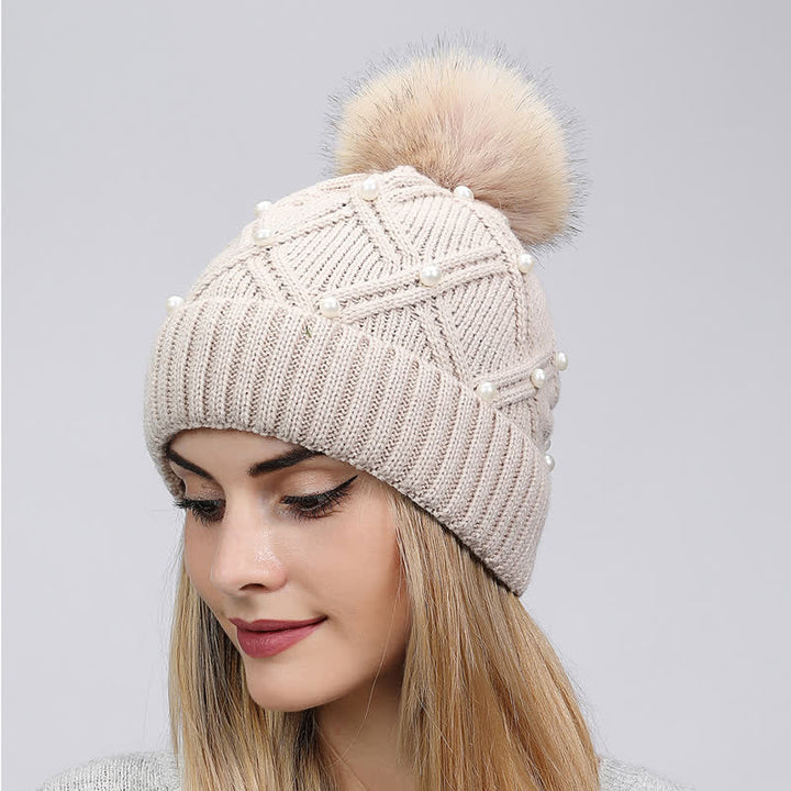 Women's Cute Pearls Deor Pompoms Stretchy Knitted Hat - Khaki - Adjustable (21 5/8"-23 5/8") - image 0