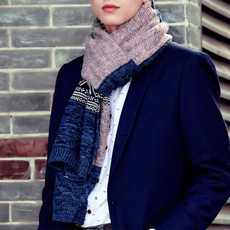 Men's Argyle Knitted Stitching Color Block Scarf - Pink - image 8