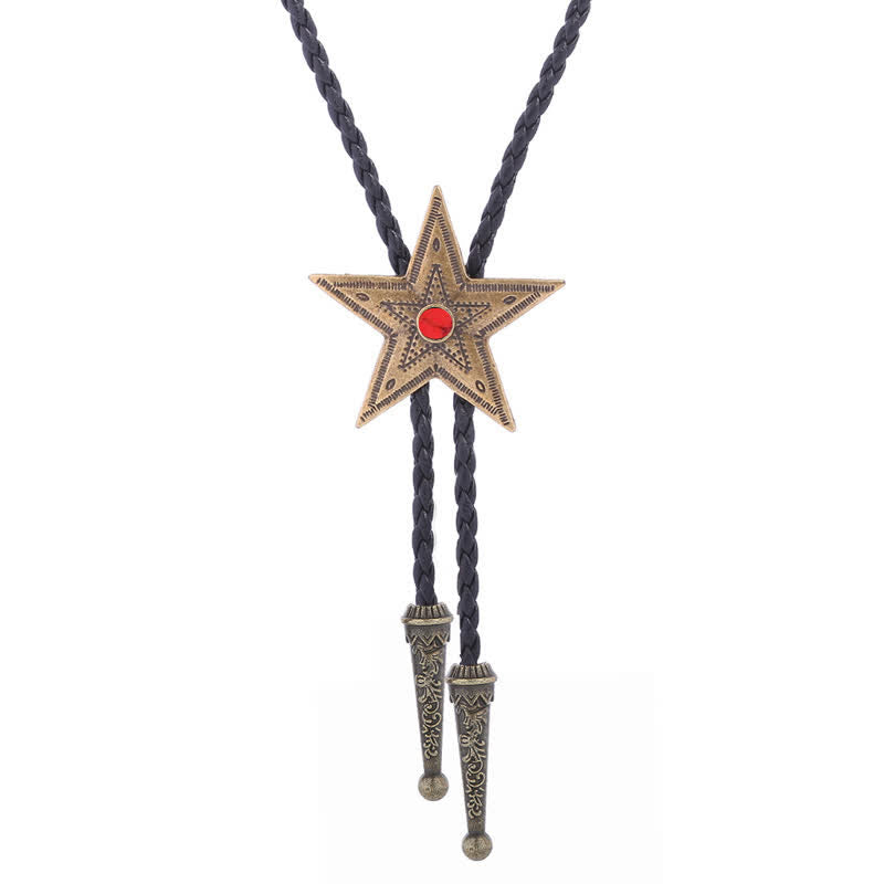 Vintage Natural Stone Star Pendant Necklace Bolo Tie - Red - Antique Gold - image 13