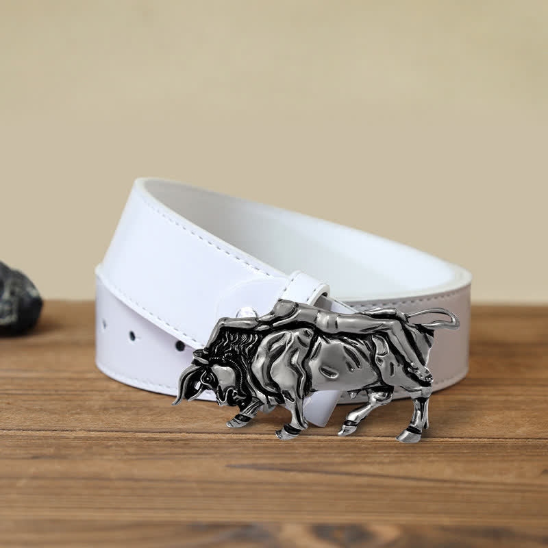 Men's DIY Authentic Silver Bull Buckle Leather Belt - Bull - White PU Belt (40) - image 6