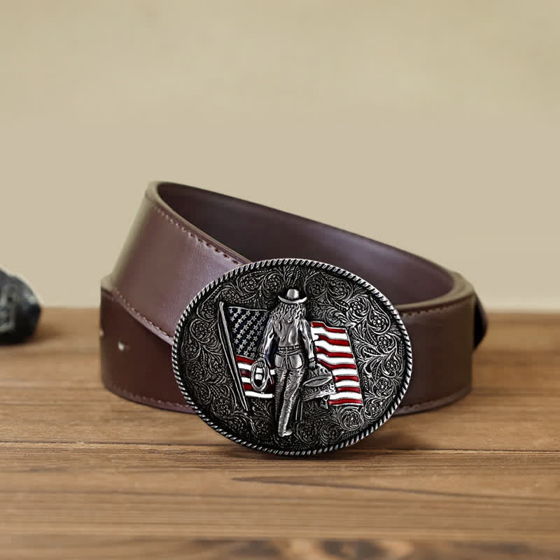 Men's DIY Cowboy American Flag Buckle Leather Belt - Antique Silver - Brown PU Belt (40) - image 12