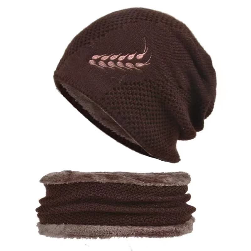 2Pcs Embroidered Wheat Beanie Hat Neck Warmer Set - Coffee - Adjustable (22"-23 5/8") - image 12
