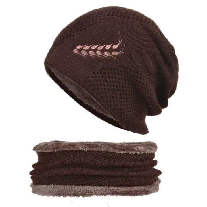2Pcs Embroidered Wheat Beanie Hat Neck Warmer Set - Coffee - Adjustable (22"-23 5/8") - image 12
