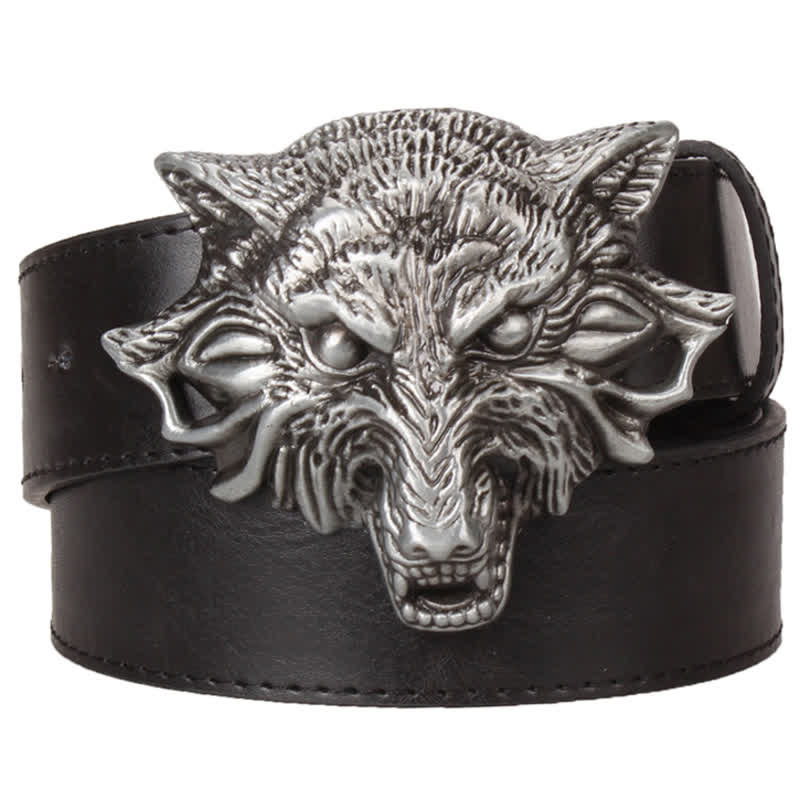 Men's Fierce Wolf Head Engraving Animals Leather Belt - Black - 40 - image 1