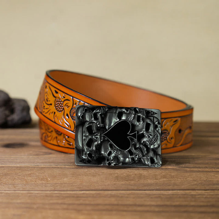 Men's DIY Skull Ace of Spades Buckle Leather Belt - Ace of Spades  - Orange Carved Belt (40) - image 15