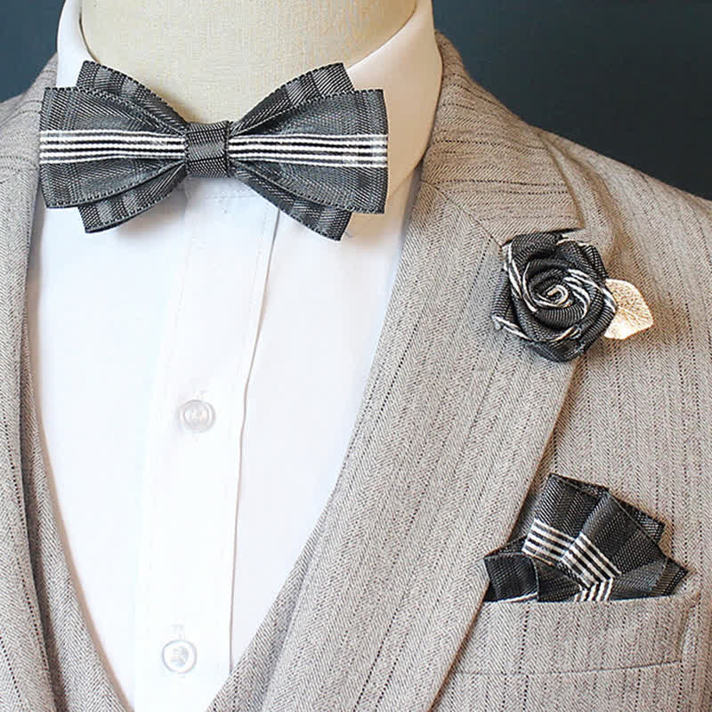 3Pcs Men's Horizon Striped Plaid Bow Tie Set - Plain - Black - image 1