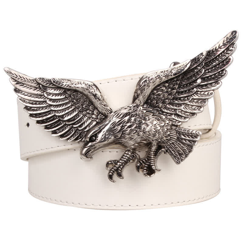 Men's Personality Large Flying Eagle Buckle Leather Belt - White / Silver - 40 - image 9