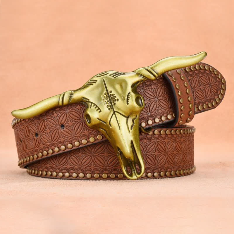 Men's Western Cattle Head Rivet Embossed Leather Belt - image 1