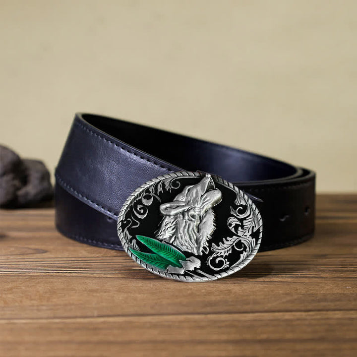 Men's DIY Howling Wolf Head Buckle Leather Belt - Antique Silver - Black PU Belt (40) - image 5