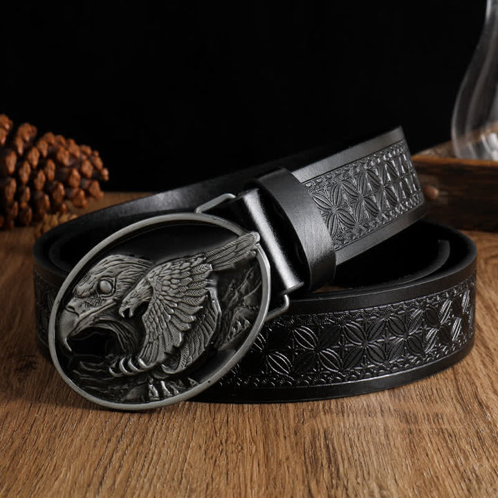 Men's Carved Bald Hawk Eagle Buckle Leather Belt - Black #1 - 42 - image 5