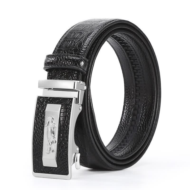 Men's Crocodile Pattern Automatic Buckle Leather Belt - Style #2 - Black / Silver - 44 - image 12