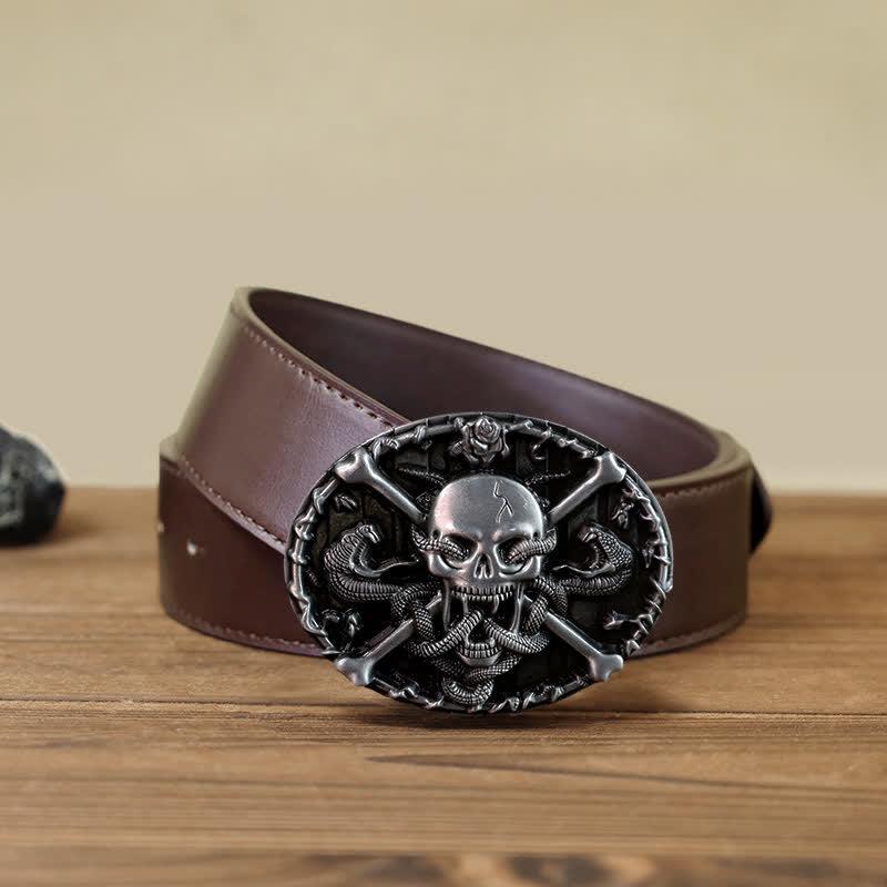 Men's DIY Gothic Cross Skull Snake Buckle Leather Belt - Skull - Brown PU Belt (40) - image 6