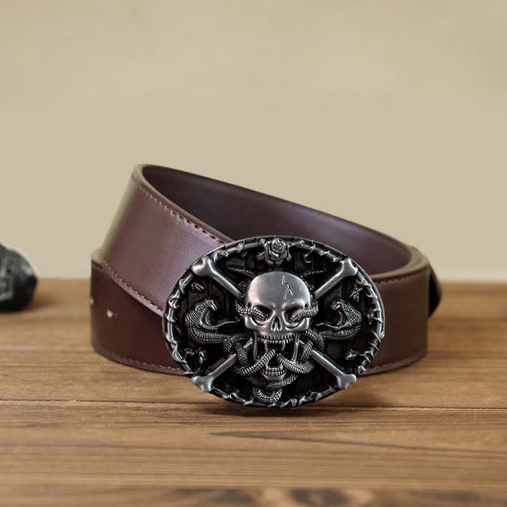 Men's DIY Gothic Cross Skull Snake Buckle Leather Belt - Skull - Brown PU Belt (40) - image 6