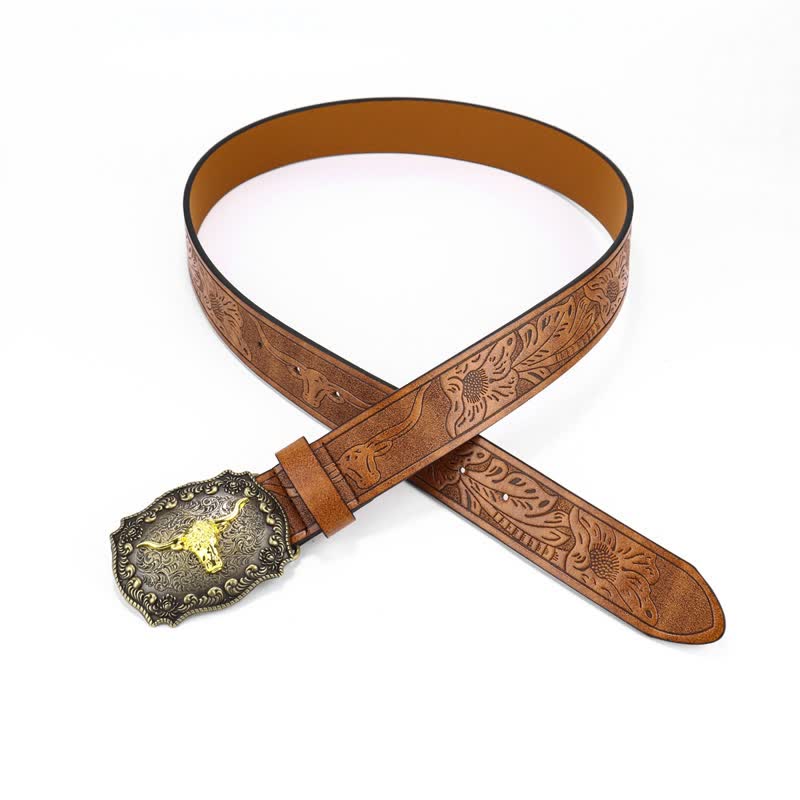 Men's Square Engraved Bull Flower Leather Belt - image 2