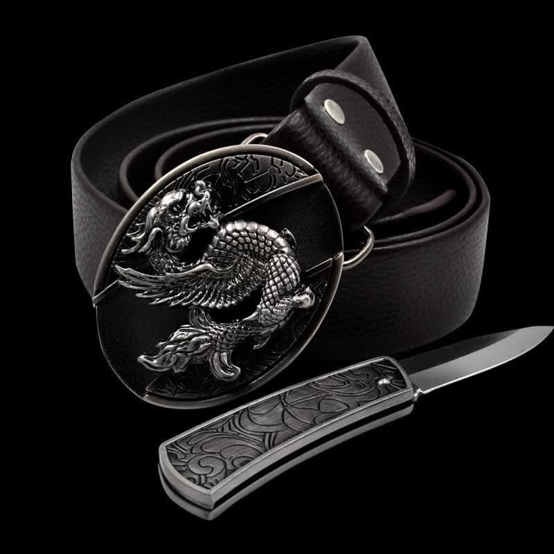 Men's Flying Dragon Leather Belt With Folding Knife - Dragon - 46 - image 0